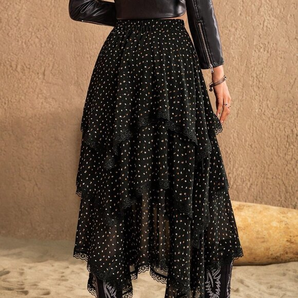 Black Casual Women's Polka-Dot Asymmetric Skirt - Picture 2 of 8